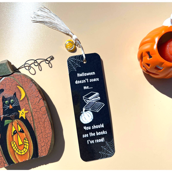 Handmade Halloween Bookmark with Pumpkin Charm and Cream Colored Tassel - Picture 1 of 2
